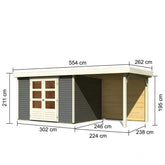 Abri de jardin en bois massif gris terre 7,43m² Askola 5 avec appentis 240cm et paroi arrière - Karibu Ma boutique